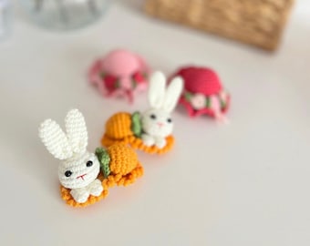 Clip de ganchillo de conejito y zanahoria (opción) bebé niña pequeña, accesorios para el cabello de conejo Amigurumi, horquillas de conejo de ganchillo, clip de pelo de conejito 3D