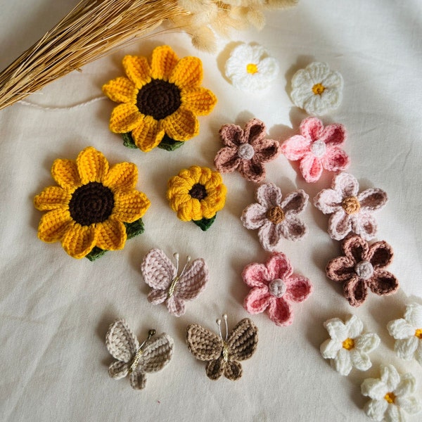 Crochet flower/animal mixed appliques, 15 pcs embellishments for your clothes, accessories and paper crafts, butterfly, sunflower, daisy