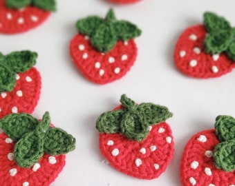 4 pcs Strawberry Appliques 4.5 cm, Crochet Strawberry Leaf, Berry,  Red Strawberry Motif, Fruit Applique, Hand Knitted Fruit Appliques