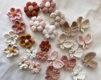 Aangepaste bestelling – set gehaakte bloemen en vlinders – handgemaakte applicaties voor doe-het-zelvers, junkjournal