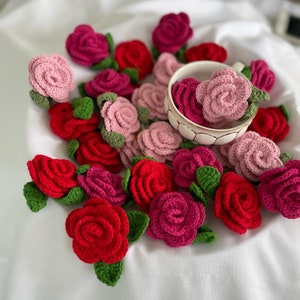 Crochet Rose Appliques, Rose Embellishments for Your Clothes, Flower Decor For Hat, Knit Rose Applique, Crochet Big Flower, Rose With Leaves