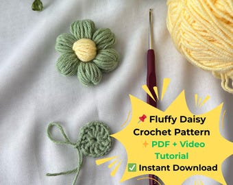 Haakpatroon pluizig madeliefje + videotutorial – pdf-handleiding voor doe-het-zelvers – eenvoudige bloemenapplicatie