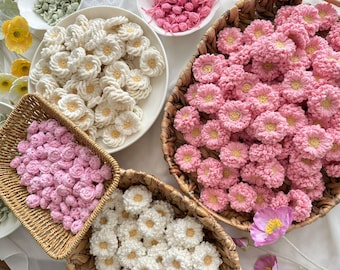 Crochet Flower Appliques | White Flowers, Pink Blossoms, Mini Roses, Rose Buds & Leaves | Handmade Floral Embellishments for Crafts