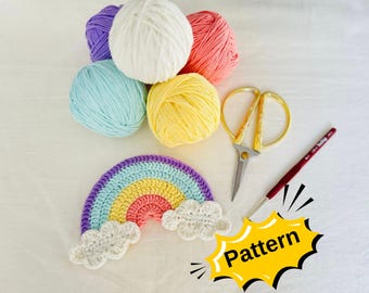 Patroon gehaakte regenboogappliqué: wolken en stapsgewijze video (pdf-download)