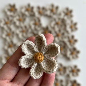 Puede incluir: Primer plano de una flor de ganchillo con un centro beige y un centro amarillo. La flor está siendo sostenida en una mano.