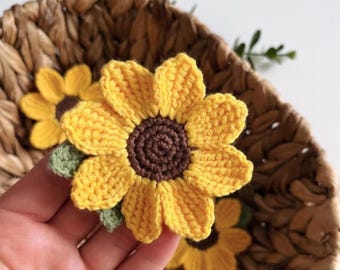 Gehaakte zonnebloemapplicatie, handgemaakte katoenen bloempatch, naai ambachtelijk decor (4-6 cm)