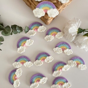 Pastelkleurige gehaakte regenboogapplicatie – klein | Gemiddeld | Grote patch wolk en regenboog – DIY kinderkamer, plakboek, verjaardagsdecoratie