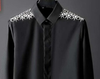 Men's Premium Men's Suit style Shirt Premium Shirt Black Cotton Silk Formal dress