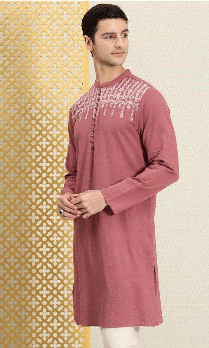 Men Rose & White Floral Embroidered Thread Work Kurta Straight - Etsy