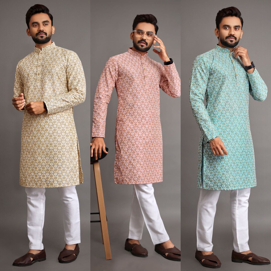 Red Traditional Men's Wear Only Kurta With Other Work