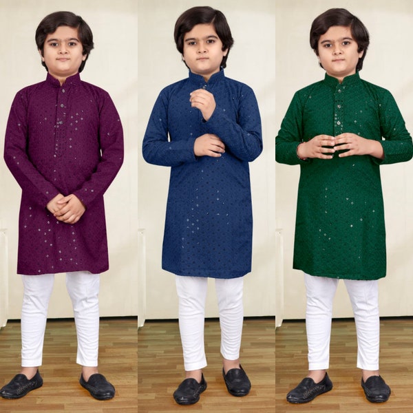 Kid's Kurta best traditional look kurta Churidar set for boys men kurta in cotton Heavy machine embroidery on front back and side