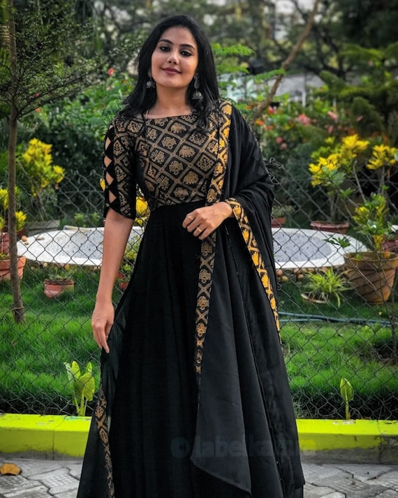 Designer Black Georgette Long Gown With Beautiful Dupatta