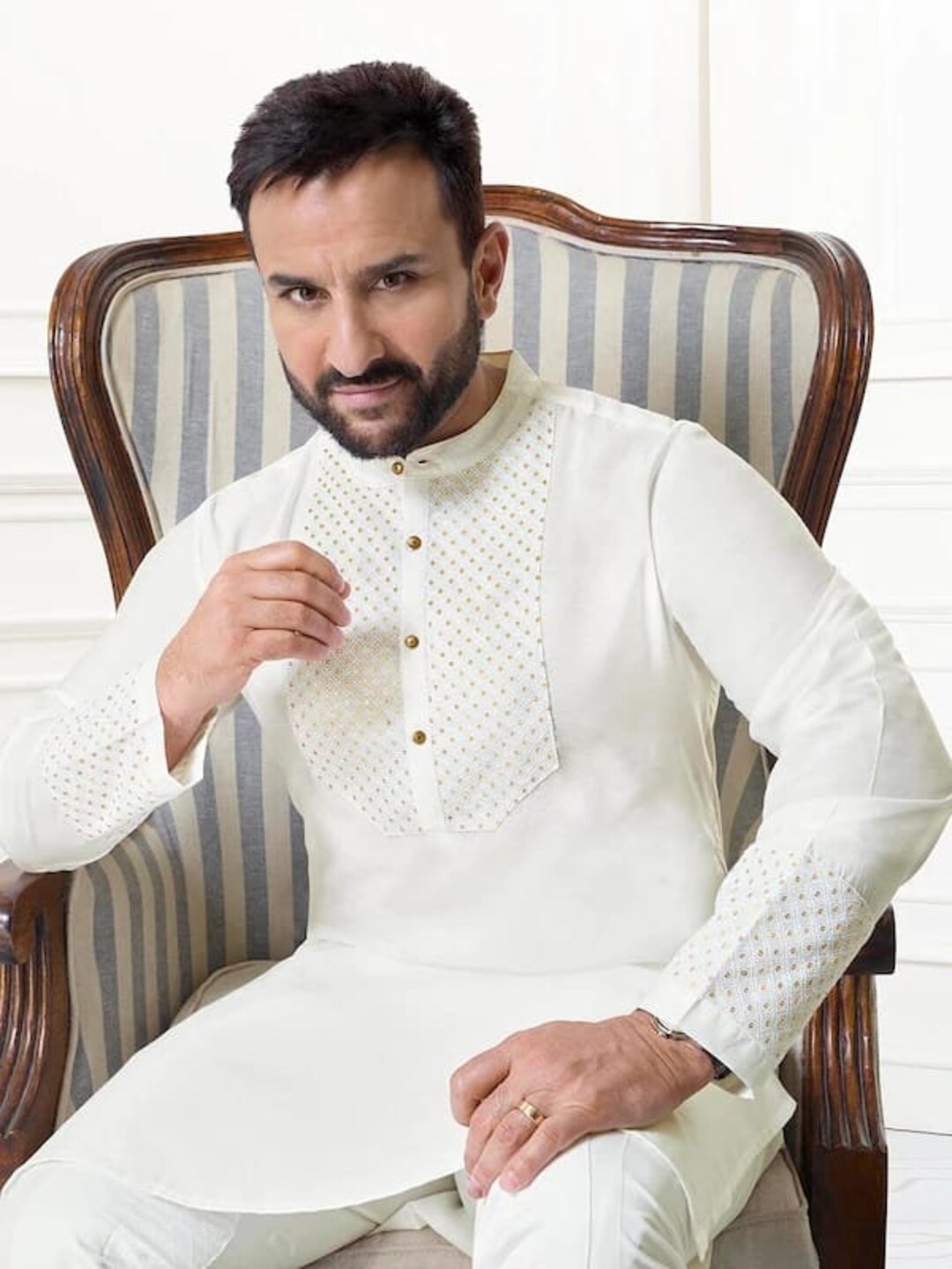 Men 2 Pockets White Design Straight Kurta Men's Traditional Pathani