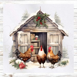 May include: Watercolor illustration of a rustic wooden shed covered in snow, adorned with holly and berries. Three roosters stand in the snow. The shed's doors are open, revealing boxes and decorations. A festive, wintery scene.