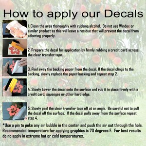 May include: Instructions on how to apply decals. The steps are illustrated with images of a hand applying a decal to a surface. The text includes tips for applying decals, such as using rubbing alcohol to clean the surface and using a credit card to smooth out the decal.