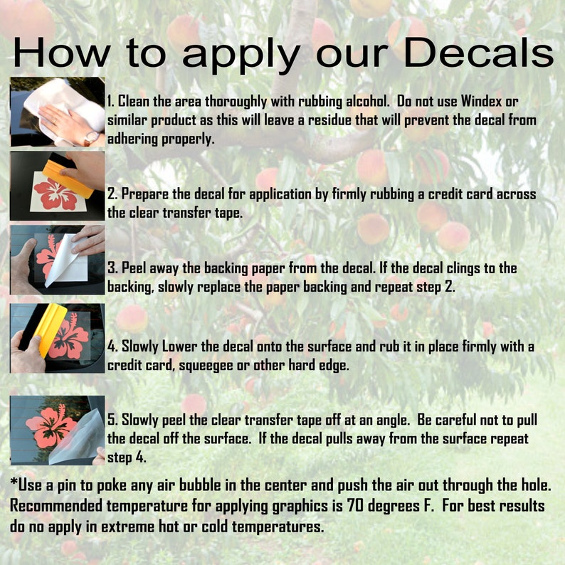 May include: Instructions on how to apply decals. The steps are illustrated with images of a hand applying a decal to a surface. The text includes tips for applying decals, such as using rubbing alcohol to clean the surface and using a credit card to smooth out the decal.