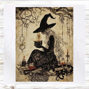 May include: Illustration of a witch in a black dress and hat, holding a steaming cauldron. The artwork features long flowing hair, candles, and a detailed background with branches and hanging elements. The color palette is primarily sepia tones.
