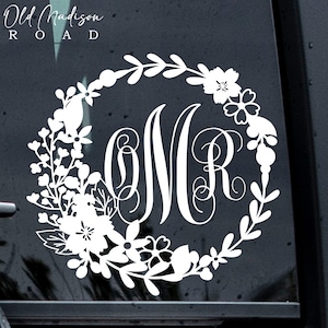 Monograma floral, calcomanía con monograma, calcomanía personalizada con monograma para automóvil, calcomanía personalizada, monograma para automóvil, monograma de una sola letra