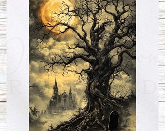 Halloween Fabric Panel - Haunted Tree Fabric Panel - Quilt Panel - Quilting Fabric - Print on Fabric - Small Quilt Panel -Panel for Quilting