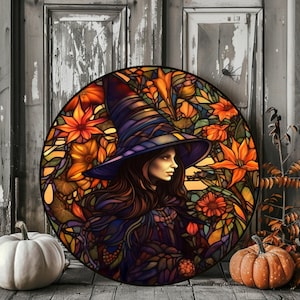 Wreath Sign - Halloween Wreath Sign - Witch Wreath Sign - Halloween Scene Metal Sign - Signs for Wreaths - Stained Glass Look Sign