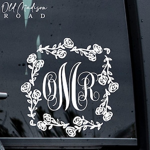 Monograma - Adhesivo floral - Calcomanía para coche - Calcomanía cuadrada - Monograma para coche - Monograma de una sola letra