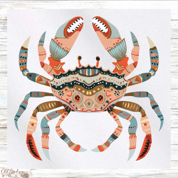 Folk Art Shark Fabric Panel - Crab Quilt Square - Quilt Panel - Quilting Fabric - Print on Fabric - Scandinavian Folk Art Fabric Panel