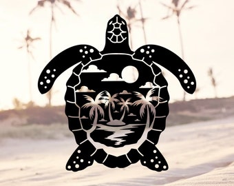 Sea Turtle and Palm Trees Decal, Sea Turtle vinyl decal, Sea Turtle car decal, glitter decal, opal decal, Beach Decal, Beach, Beach Sticker