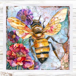 May include: A watercolor painting of a bee with yellow and black stripes, surrounded by pink, purple, and red flowers. The bee's wings are spread out, and it is flying towards the viewer. The background is a mosaic of blue and white tiles.