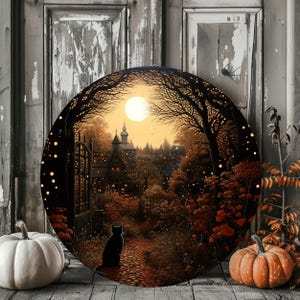 Wreath Sign - Halloween Wreath Sign - Halloween Cat Wreath Sign - Halloween Scene Metal Sign - Signs for Wreaths - Dark Scene Sign - Sign