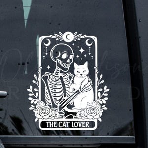 The Cat Lover Tarot Card Decal - Skeleton Sticker - Skeleton Vinyl Decal - Window Decal - Holographic Decal - Tarot Card