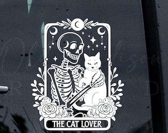 The Cat Lover Tarot Card Decal - Skeleton Sticker - Skeleton Vinyl Decal - Window Decal - Holographic Decal - Tarot Card