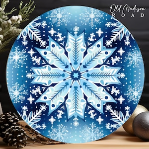 Christmas Wreath Sign - Christmas Sign - Light Blue and White Round Wreath Sign - Snowflake Metal Sign -Signs for Wreaths-UV Protected