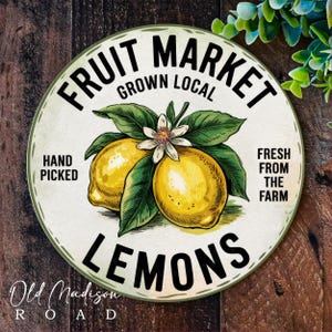 Farmers Market Wreath Sign - Fresh Lemons Sign - Lemons Round Wreath Sign - Farmhouse Metal Sign - Sign for Wreaths - Wreath Attachment