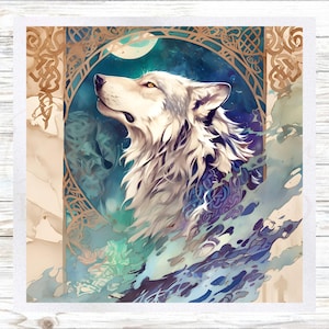 May include: A square art print featuring a white wolf in profile looking upward against a dark blue night sky with a moon. The wolf is framed by an intricate tan-colored border with swirling patterns and surrounded by flowing blue watercolor splashes.