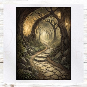 May include: A digital illustration of a winding stone path leading through a dense, dark forest. Large, gnarled trees with thick roots frame the path, and two glowing lanterns hang from the branches, casting a warm light on the surrounding foliage.
