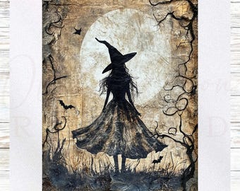May include: A silhouette of a witch in a long dress and hat stands before a full moon. The artwork features a textured background with bats and branches, creating a spooky, Halloween-themed scene.