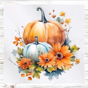 May include: A large orange pumpkin sits behind a smaller light blue pumpkin, surrounded by vibrant orange daisy-like flowers, green and yellow autumn leaves, and thin, delicate stems on a plain white background in a watercolor style illustration.