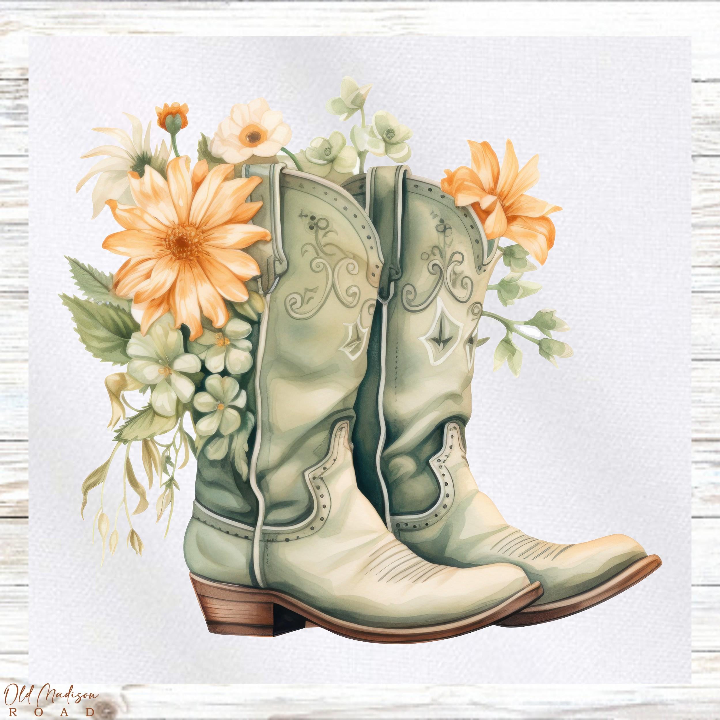 Floral Boots Fabric Panel - Cowboy Fabric Panel - Quilt Panel