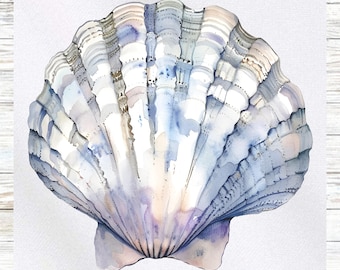 Puede incluir: Una pintura de acuarela de una concha grande con un esquema de color azul, morado y blanco. La concha está abierta y el interior es visible.