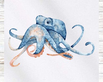 Puede incluir: Una pintura de acuarela de un pulpo azul con tentáculos naranjas. El pulpo está enroscado sobre un fondo blanco.