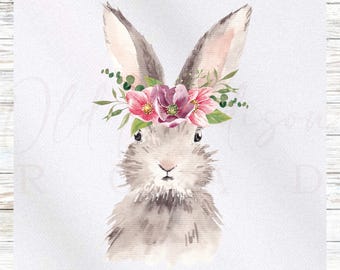 Rabbit Fabric Panel - Watercolor Bunny Fabric Panel - Quilt Panel - Quilting Fabric - Print on Fabric - Small Quilt Panel-Panel for Quilting