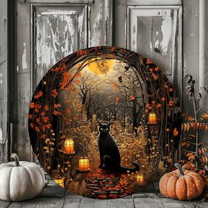 Halloween Wreath Sign - Halloween Cat Wreath Sign - Halloween Scene Metal Sign - Signs for Wreaths - Dark Scene Sign - Sign - Wreath Making