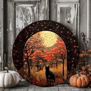 Wreath Sign - Halloween Wreath Sign - Halloween Cat Wreath Sign - Halloween Scene Metal Sign - Signs for Wreaths - Dark Scene Sign - Sign