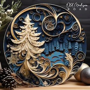 Christmas Wreath Sign - Christmas Sign - Blue and Gold Wreath Sign - Paper Quill Look Christmas Metal Sign -Signs for Wreaths-UV Protected