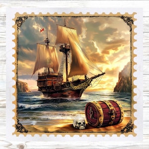 May include: A digital art image of a pirate ship sailing on the ocean at sunset. A treasure chest and skull are on the beach. The image is framed by a postage stamp border.