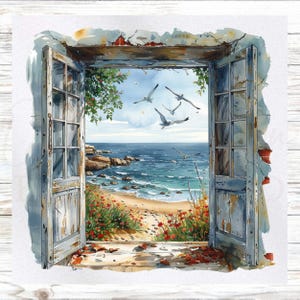 Pode incluir: Pintura em aquarela de uma moldura de porta aberta e desgastada com vista para uma cena de praia. A vista inclui uma praia arenosa, o oceano azul e gaivotas em voo. Flores vermelhas e folhagens verdes emolduram a vista.