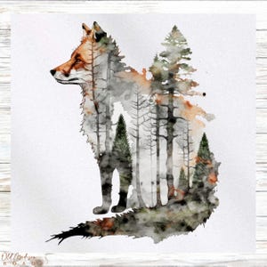 Może przedstawiać: Aquarela przedstawiająca lisa z leśną sceną w jego sylwetce. Lis jest pomarańczowy i biały, a las jest zielony i brązowy. Tło jest białe.
