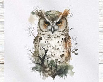May include: A watercolor painting of an owl with brown and white feathers. The owl is surrounded by a watercolor background of trees and branches.
