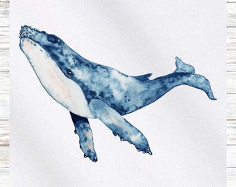 Puede incluir: Una pintura de acuarela de una ballena azul con vientre blanco, nadando en un océano azul claro. La ballena está mirando hacia la derecha y tiene la boca abierta.