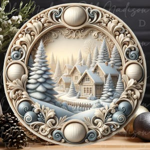May include: A circular decorative plaque featuring an intricate relief frame with cream and soft blue scrollwork and spheres. The center depicts a winter scene with snow-covered houses, pine trees, and a wooden fence under a pale sky.